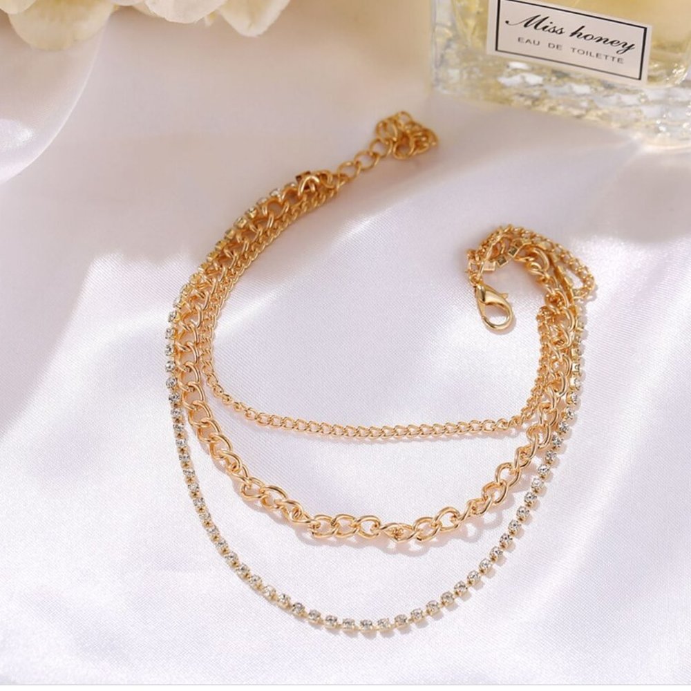 Gold Tone Layered Rhinestone Anklet - Picture 3 of 4